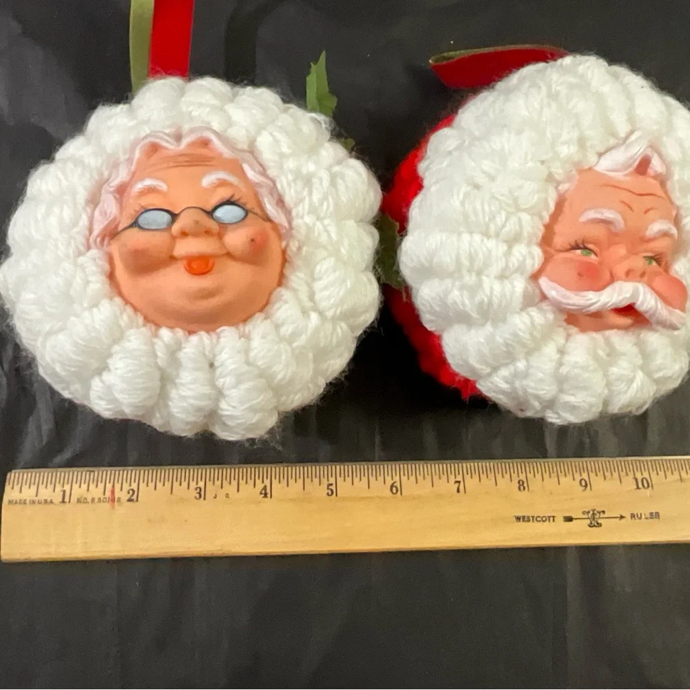 Vintage Set of 2 Handmade Santa and Mrs Claus Yarn Ornaments with Plastic Faces